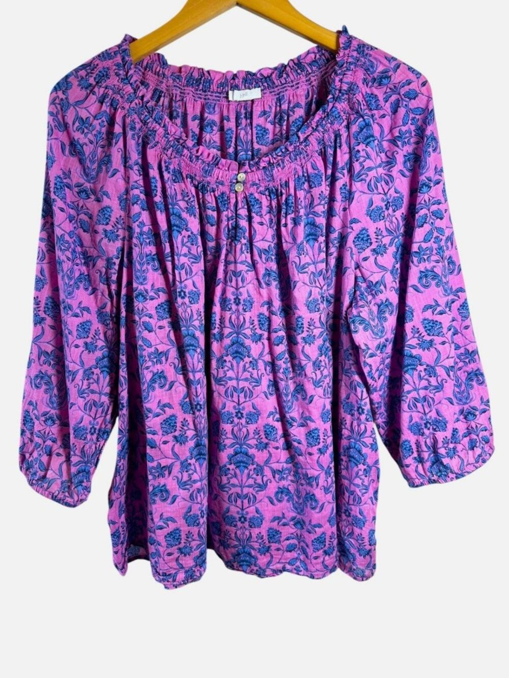 J.Jill Pink Blue Floral Peasant Blouse Cotton Oversized Boho Cottagecore XL - Picture 2 of 5